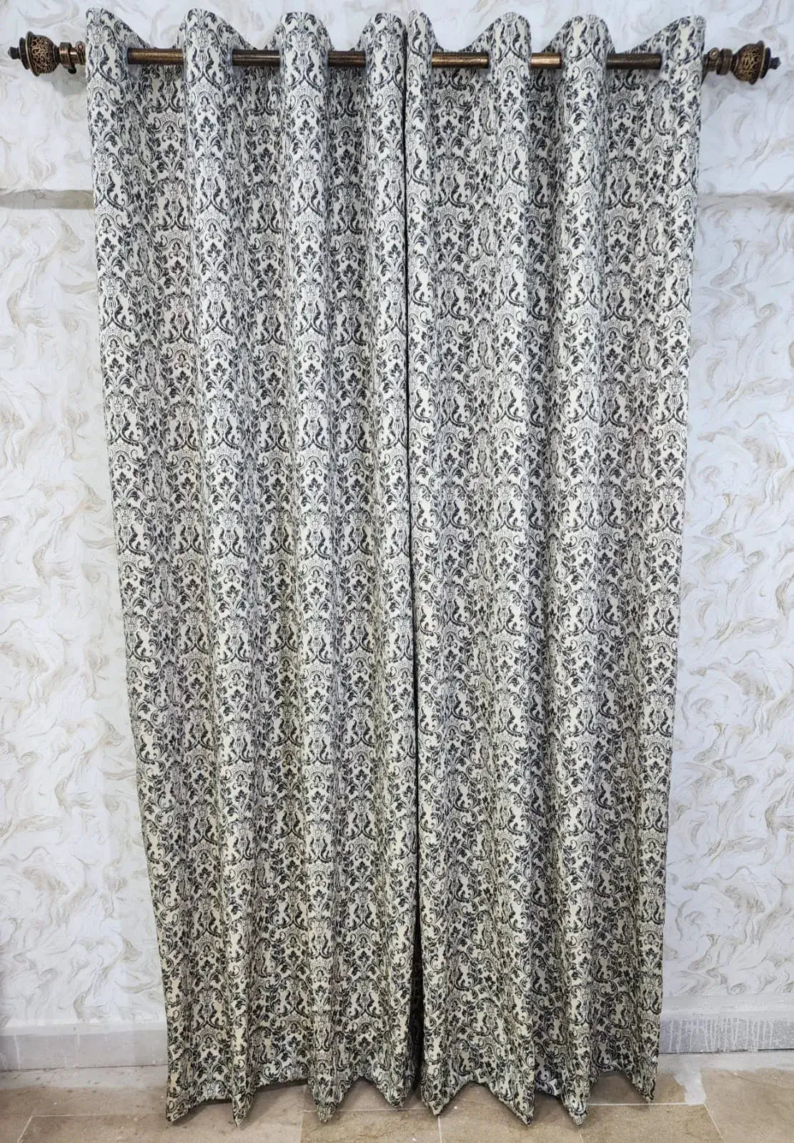 Pair Of Royal Demask Black And White Jacquard Curtain With Blackout